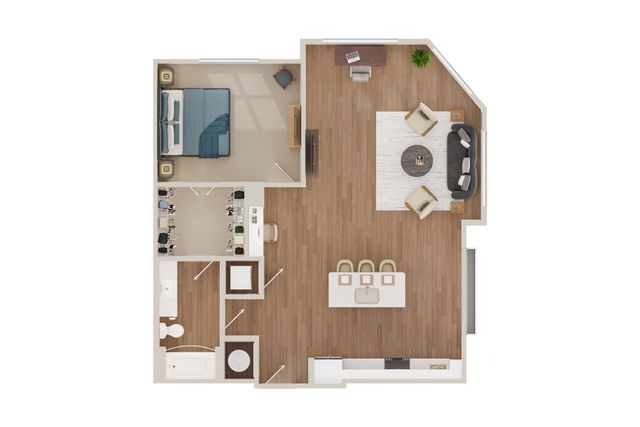 Chic 1-bedroom apartment floor plan with a spacious living area, modern kitchen, and elegant bathroom design.