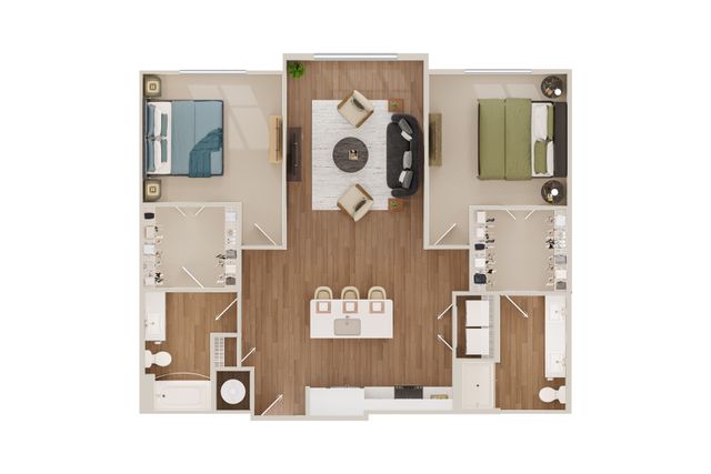 Modern 2D floor plan showcasing 2 bedrooms, open-concept living and dining area, and stylish kitchen.