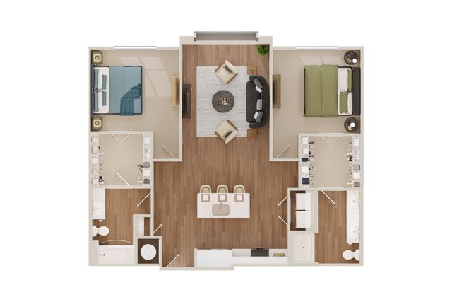 Modern 2D floor plan with two elegant bedrooms, a central open-concept living space, and a sleek kitchen island perfect for entertaining.