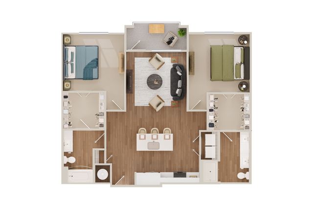 Modern floor plan featuring two spacious bedrooms, a dual-sink bathroom, open-concept living and dining area, and sleek kitchen with a central island.