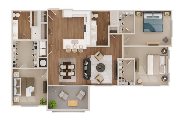Elegant floor plan showcasing a spacious open-concept living area, dining space, and modern kitchen. Features three bedrooms with ample closet space, two luxurious bathrooms, and a cozy patio for outdoor relaxation.