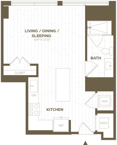 Elegant studio apartment floor plan with open living, dining, and sleeping area, modern kitchen, and convenient bath. Includes laundry and mechanical room.