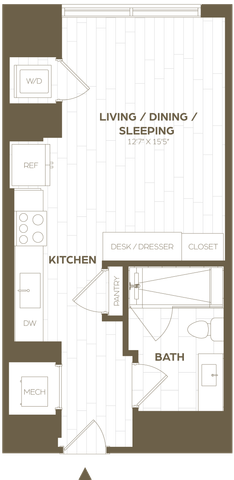Modern studio floor plan with open living, dining, sleeping area, stylish kitchen, bath, and pantry.