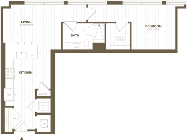 Elegant floor plan showcasing a spacious one-bedroom apartment with a modern kitchen, open living area, bath, and walk-in closet.