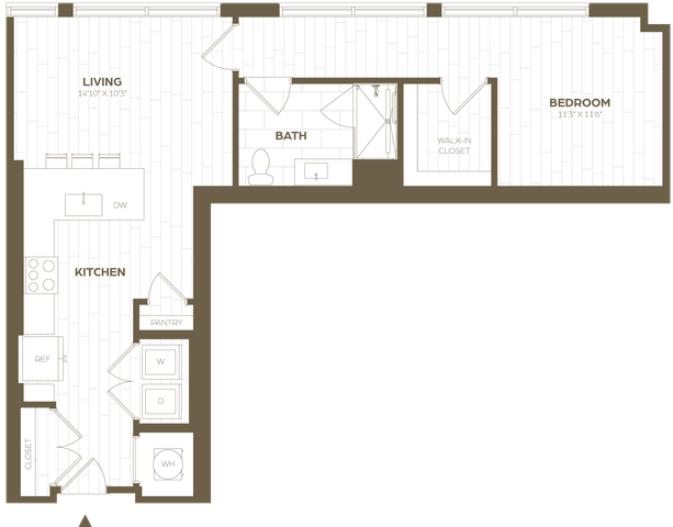Modern floor plan showcasing 1 bedroom with a walk-in closet, open living area, and a sleek kitchen complete with pantry and laundry space.
