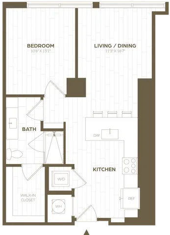 Modern floor plan showcasing a spacious 1-bedroom apartment with open living/dining area, sleek kitchen, and convenient walk-in closet.