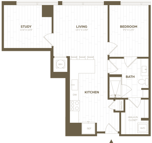 Modern apartment floor plan featuring 1 bedroom, spacious study, open-concept living and kitchen area, and convenient walk-in closet.