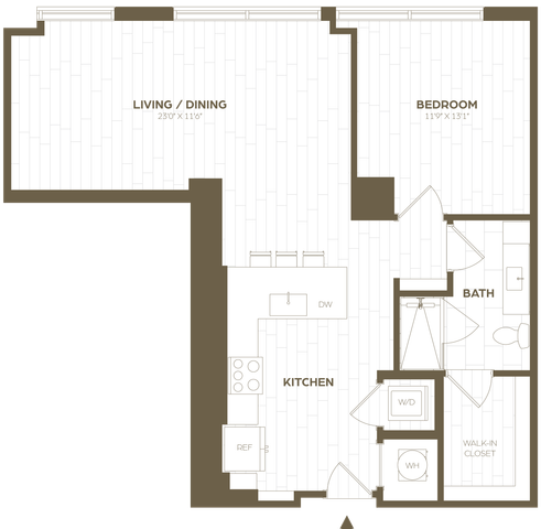 Modern 2D floor plan featuring a spacious open-concept living and dining area, a sleek kitchen with island seating, a sizable bedroom, and a bathroom with a walk-in closet.