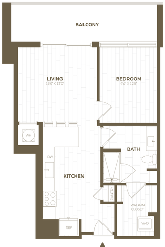 Modern one-bedroom floor plan featuring a spacious living area, open kitchen, and private balcony.