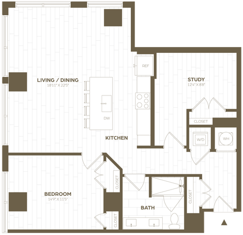 Elegant floor plan illustrating a spacious living and dining area, modern kitchen, cozy bedroom, versatile study, and stylish bathroom.