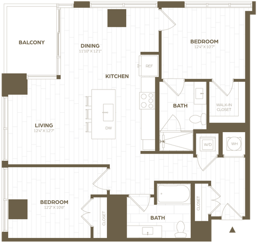 Modern floor plan showcasing 2 bedrooms, open-concept kitchen and living area, dining space, and balcony.