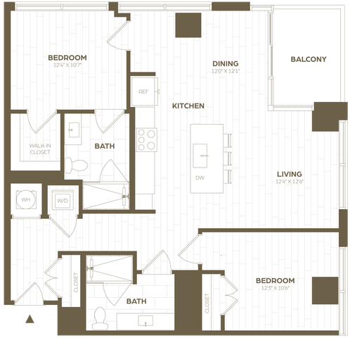 Contemporary floor plan highlighting 2 bedrooms, open kitchen with island, spacious living and dining areas, and a balcony.
