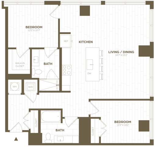 Elegant floor plan showcasing 2 bedrooms, open-concept kitchen and living/dining area, and spacious bathrooms.