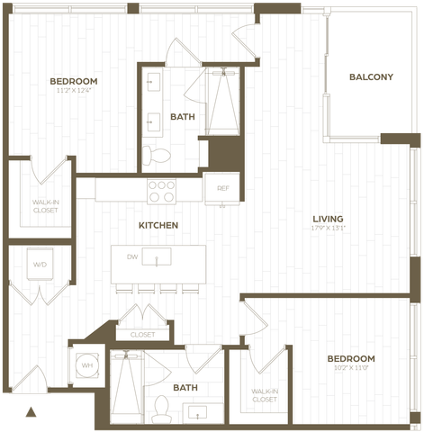 Modern floor plan featuring 2 spacious bedrooms, a sleek kitchen with island, open living area, 2 bathrooms, and a private balcony.