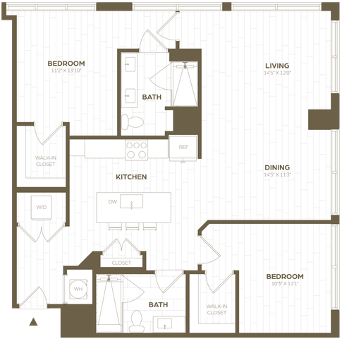 Sophisticated apartment floor plan showcasing 2 bedrooms, open-concept kitchen with dining area, and spacious living room. Features include walk-in closets, modern bathrooms, and convenient laundry space.