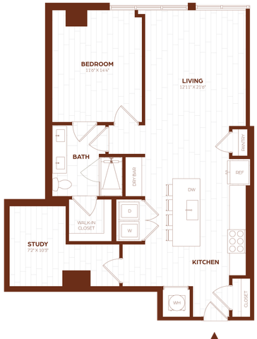 Modern 2D floor plan featuring 1 bedroom, a stylish living area, spacious kitchen, study, and dry bar.