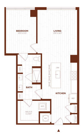 Modern 2D floor plan featuring a spacious bedroom, an inviting living room, sleek kitchen with island, and a convenient walk-in closet.