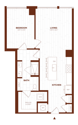 Elegant floor plan featuring a spacious bedroom, open-concept living and kitchen area, modern bath, and convenient walk-in closet.