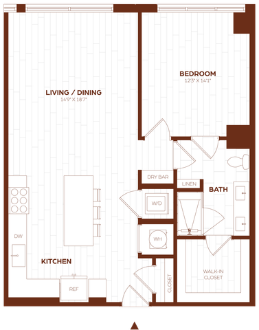 Elegant floor plan featuring a spacious living and dining area, modern kitchen with dry bar, and a cozy bedroom with walk-in closet and bath.