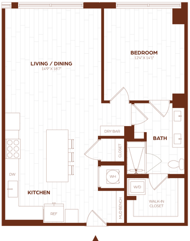 Modern floor plan showcasing a spacious 1-bedroom layout with an open-concept living and dining area, well-equipped kitchen, and stylish bathroom with a walk-in closet.