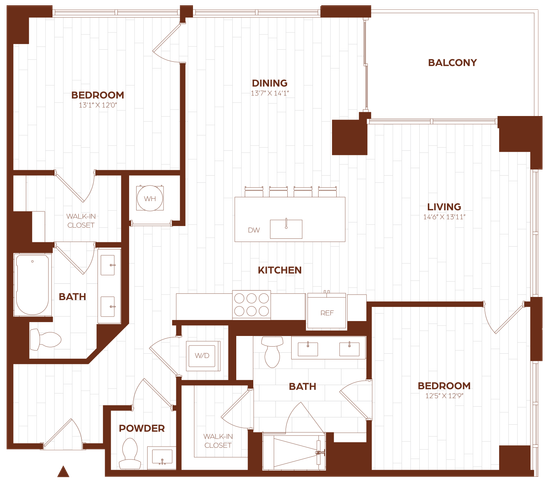 Elegant floor plan showcasing 2 bedrooms, a modern kitchen, spacious living and dining areas, with a balcony and walk-in closets.