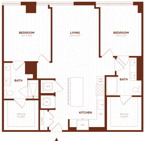 Elegant floor plan featuring 2 spacious bedrooms with walk-in closets, modern kitchen with island, and open living area, perfect for contemporary living.