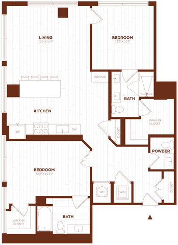 Modern floor plan showcasing 2 bedrooms, open living area, stylish kitchen, and two bathrooms with a powder room.
