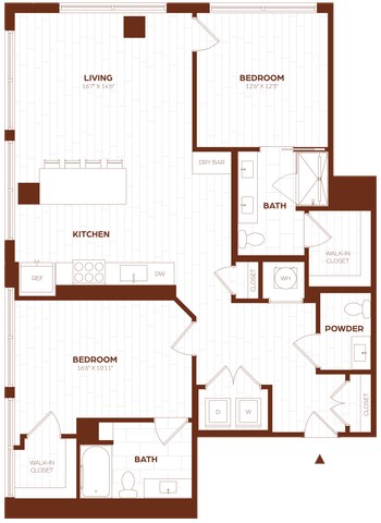 Contemporary floor plan showcasing 2 spacious bedrooms, an elegant kitchen with a dining area, and a cozy living room.