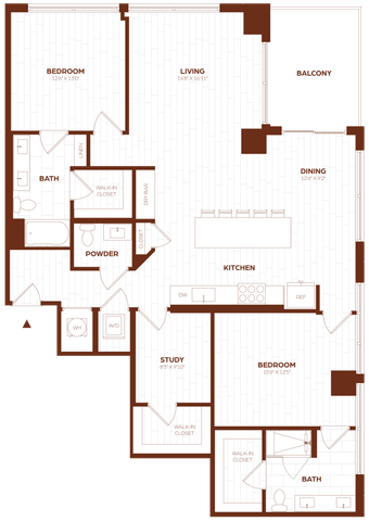 Modern floor plan featuring 2 spacious bedrooms, a cozy study, open-concept kitchen and living area, powder room, and private balcony.