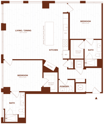Spacious floor plan featuring 2 bedrooms with walk-in closets, modern kitchen, expansive living/dining area, and two bathrooms including a powder room.