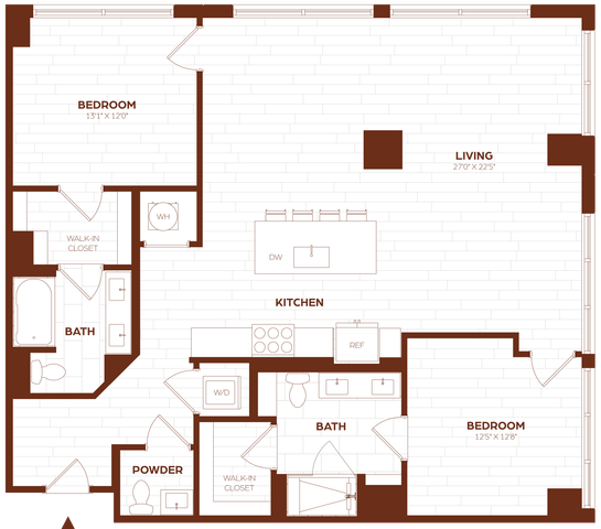 Elegant and spacious floor plan showcasing 2 bedrooms, open kitchen with island, expansive living area, and multiple bathrooms with modern amenities.