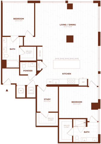 Elegant floor plan showcasing 2 bedrooms, expansive living/dining area, modern kitchen with island, study room, and multiple bathrooms.