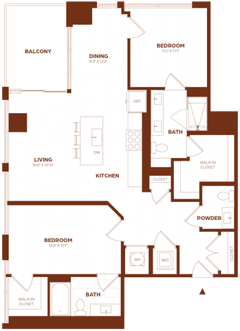 Modern floor plan featuring two bedrooms, open-concept kitchen with island, spacious living area, dining space, two bathrooms, powder room, and a large balcony.