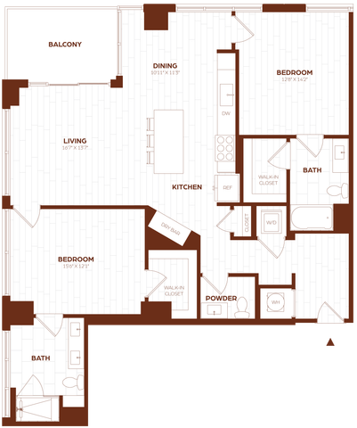 Elegant apartment floor plan showcasing 2 spacious bedrooms, modern kitchen with island, welcoming living and dining area, expansive balcony, and two stylish bathrooms.