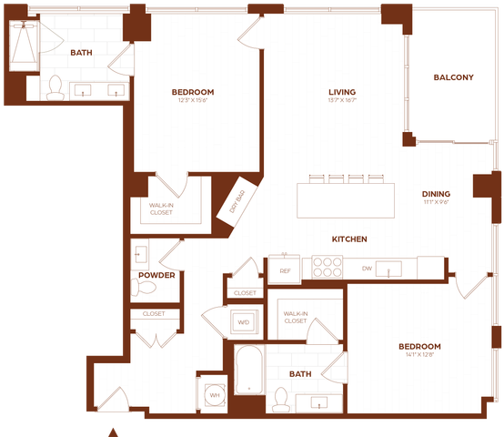 Elegant apartment floor plan showcasing 2 spacious bedrooms, modern kitchen with an island, and open living-dining area leading to a charming balcony.