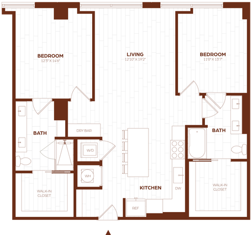 Contemporary 2D floor plan featuring two spacious bedrooms, open living area, modern kitchen with island, two bathrooms, walk-in closets, and convenient laundry space.