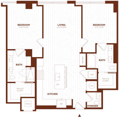 Modern 2-bedroom floor plan featuring an expansive living area, spacious kitchen, dual baths, and convenient walk-in closets.