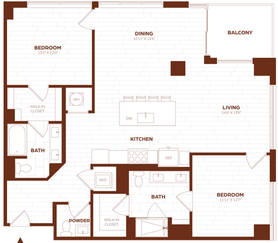 Sophisticated floor plan showcasing 2 bedrooms with walk-in closets, open-concept kitchen and living area, dining space, 2 modern baths, powder room, and a private balcony.