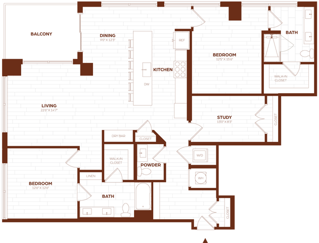 Elegant floor plan showcasing a spacious layout with 2 bedrooms, a cozy study, expansive living and dining areas, a modern kitchen, and a relaxing balcony.