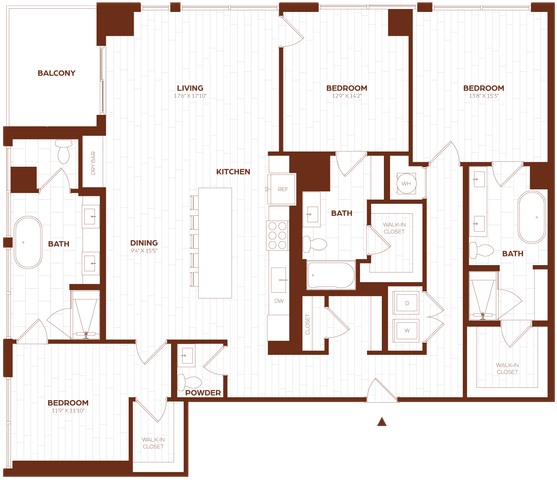 Elegant floor plan showcasing 3 bedrooms, open-concept living and kitchen area, with a spacious balcony and multiple bathrooms for ultimate comfort.