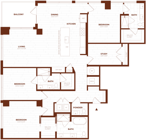 Expansive floor plan with 3 bedrooms, elegant living area, modern kitchen, study, balcony, and multiple bathrooms, ideal for family living.