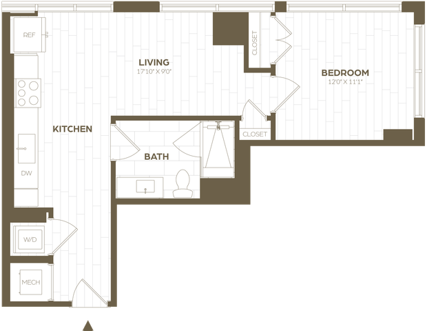 Modern floor plan illustrating 1-bedroom apartment with open kitchen, living area, bath, and ample closet space.