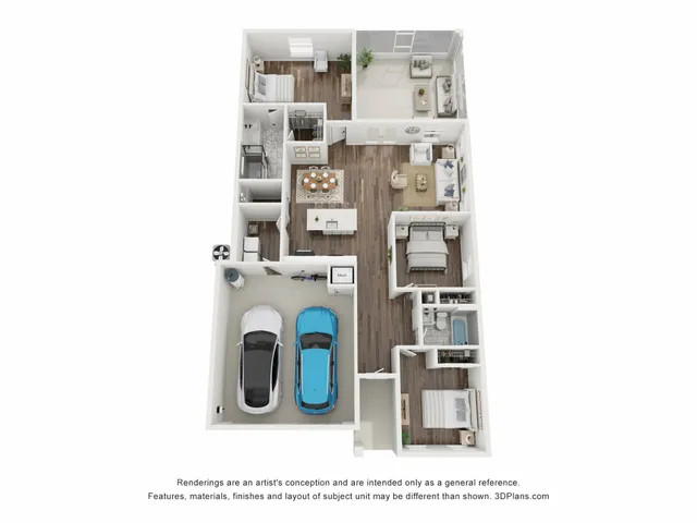 Elegant 3D floor plan showcasing two-bedroom apartment with spacious living area, modern kitchen, and two-car garage.