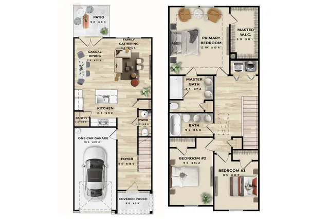 Modern 2D floor plan displaying 3 spacious bedrooms, open family gathering area, and a stylish kitchen with casual dining. Includes master suite with walk-in closet, cozy patio, and one-car garage.