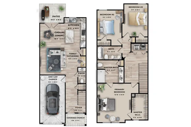Elegant floor plan featuring three bedrooms, spacious family gathering area, modern kitchen with casual dining space, and a private patio. Includes a master suite with walk-in closet and a one-car garage.