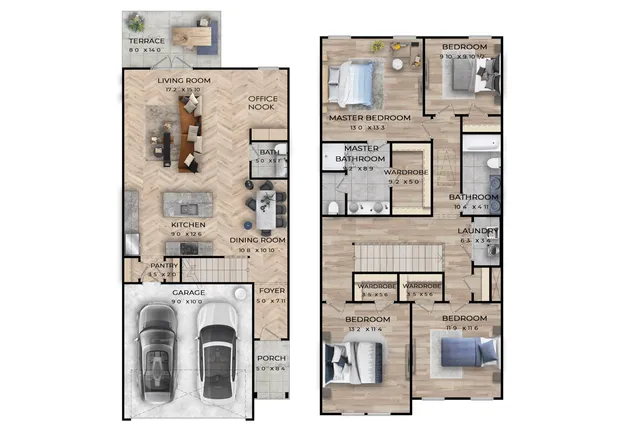 Modern floor plan showcasing a spacious living room, open kitchen, and dining area with three bedrooms, including a master suite, and an office nook. Features a two-car garage and a cozy terrace.