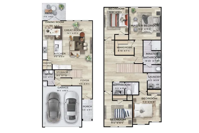 Modern and spacious 2D floor plan featuring 3 bedrooms, a luxurious master bath, expansive great room, and attached double garage.