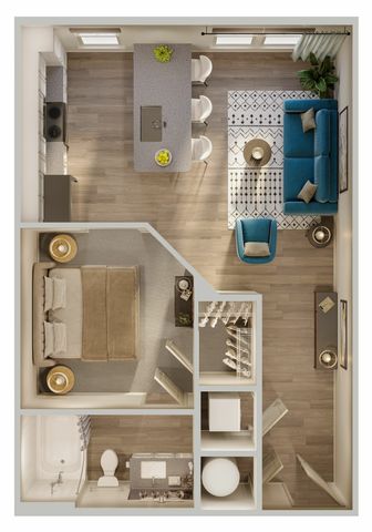 Modern 1-bedroom apartment floor plan with an open-concept living area, stylish kitchen with island seating, and a chic bathroom.