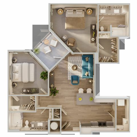 Elegant floor plan showcasing 2 bedrooms, spacious living area, modern kitchen, and private balcony.