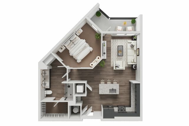 Contemporary 1-bedroom apartment floor plan featuring open-concept living space, modern kitchen with island, spacious bathroom, and cozy balcony area.